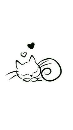 a black and white drawing of a cat laying on top of a pillow with hearts