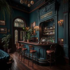 a bar with blue walls and wooden flooring in a dark colored room filled with furniture