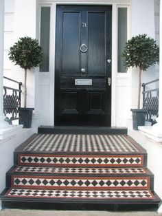 a black door with two potted plants on the steps