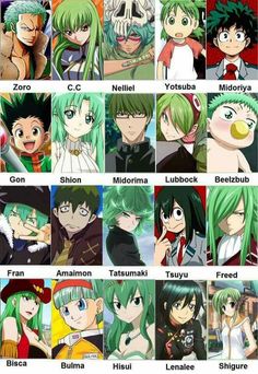 many different anime characters with green hair and white eyes, all looking like they're from