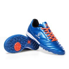 a pair of blue and orange soccer shoes