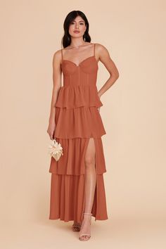 Meet Lola, your new go-to gown for bridesmaiding. Light and airy, tiered chiffon bridesmaid dress in Terracotta is also great for special occasions. This ruffle tiered dress is our ultra-feminine, flirty style perfect for showing off. | Terracotta Bridesmaid Dress Chiffon Size 2XL | Birdy Grey Lola Bridesmaid Dress Chiffon, Ruffle Tiered Dress, Orange Bridesmaid Dresses, Tuxedo Women, Rose Bridesmaid Dresses, Grey Bridesmaids, Dress Code Wedding, Birdy Grey, Grey Bridesmaid Dresses