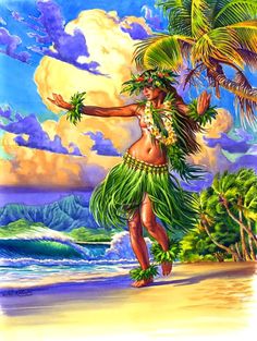 a painting of a woman dancing on the beach with palm trees in front of her