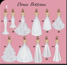 the different types of wedding gowns are shown on a pink background with text below