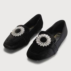 Make The Work Week A Little Less "Blah" And A Little More "Ta-Da" With The Lulus Vivalay Black Velvet Rhinestone Loafers! These Chic Shoes Have A Soft Plush Velvet Composition That Shapes A Square Toe Upper, Featuring A Strap With A Circular, Rhinestone-Embellished Charm, And A Low-Cut Notched Collar. The Slip-On Design Makes These Shoes The Perfect Choice For Days That Need A Little More Sparkle! 0.25" Rubber Heel. Lightly Cushioned Insole. Felted Rubber Sole Has Nonskid Markings. Man Made Mate Fur Loafers, Silver Ballet Flats, Pointed Loafers, Pointed Flats Shoes, Low Heel Flats, Leopard Flats, Pointed Flats, Pointy Toe Flats, Chic Shoes