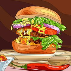 a large hamburger sitting on top of a wooden cutting board