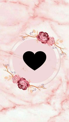 the heart is surrounded by roses and leaves on a marble background with pink hues