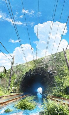 a painting of a train going through a tunnel with power lines above it and trees in the foreground