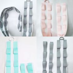 four different ways to make an origami necklace with ribbon and paper strips on it