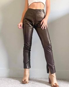 Excited to share the latest addition to my #etsy shop: handmade women Womens Active Wear Outfits, Brown Jeans, Womens Wide Leg Pants, Leather Pant, Pants Outfits, Zip Dress, Pant Length, Vintage Pants, Leather Dresses