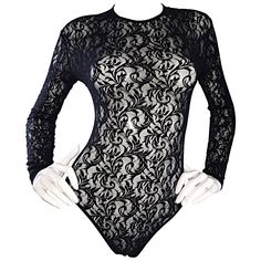 Sexy vintage rare early CALVIN KLEIN 1990s black lace bodysuit! All over black regal lace. Amazing bodycon fit, that is extremely versatile. Can easily transition from day to night---looks fantastic with jeans, shorts, trousers, a denim skirt, or a formal skirt. Made in USA. In great, unworn condition. Approximately Size Small - Medium (stretched to fit) Measurements: 32-50 inch bust 24-36 inch waist 80s Bodysuit, 90s Bodysuit, Calvin Klein Vintage, Bodycon Bodysuit, Black Lace Bodysuit, Vintage Calvin Klein, Designer Jumpsuits, Jeans Rock, Goth Outfits