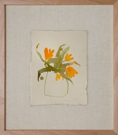 a painting with orange flowers in a glass vase on a white background, mounted inside a wooden frame