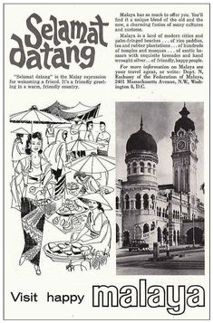 an old advertisement for malaysia with pictures of people in front of a building and the words, selamat batang visit happy malaysia