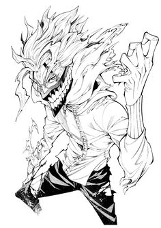 an ink drawing of a demon in black and white with his arms spread out to the side