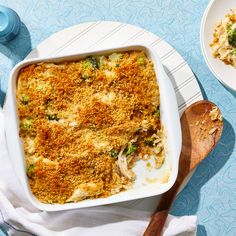 a casserole dish with broccoli and cheese