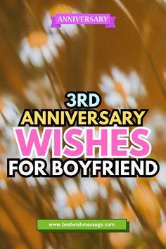 the words 3rd anniversary wishes for boyfriend are shown in front of some grass and flowers