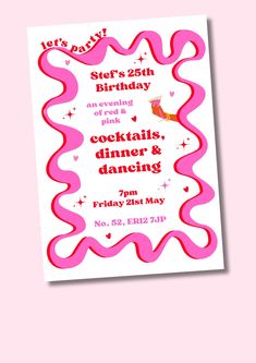 a pink and red birthday party poster