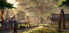 an artist's rendering of a village in the middle of a forest with lots of trees