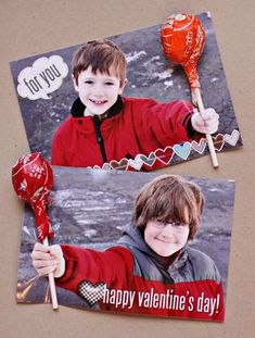 two valentine's day cards with a boy holding a lollipop