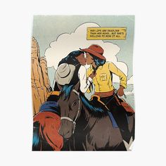 an image of a man and woman kissing on the back of a horse in front of a cliff