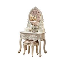 an antique vanity with stool and mirror in white color, isolated against a white background