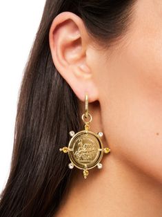 Rabanne Summer Sun Pendant Earrings - Farfetch Yellow Gold Dangle Coin Pendant Jewelry, Yellow Gold Coin Pendant Dangle Jewelry, Yellow Gold Dangle Jewelry With Coin Pendant, Yellow Gold Medallion Brass Earrings, Luxury Gold Pendant Earrings, Elegant Yellow Gold Earrings With Coin Pendant, Gold Coin Pendant Earrings, Brass Coin Pendant Medallion Earrings, Brass Medallion Earrings With Coin Pendant