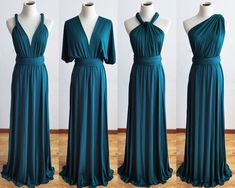 three dresses on mannequins, one in teal and the other in dark green