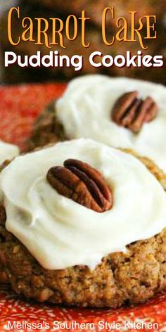 carrot cake pudding cookies with white frosting and pecans