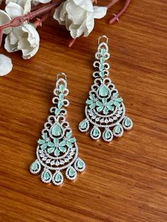 Long Earrings Indian, Long Turquoise Earrings, American Diamond Earrings, Dangler Earrings, Earrings Turquoise, Indian Earrings, Mint Blue