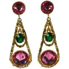 French long earrings in a Girandole style of faux pink tourmaline and emerald faceted, rose cut crystal. Earring pendants are articulated and set in gilt metal. Clip back fittings. 1950's France. Excellent Condition. Length 2.75" Width .75" Couture Vintage, Antique Diamond, Accessories Jewelry Earrings, Metal Earrings, Pink Tourmaline, Diamond Gemstone, Long Earrings, Chains Jewelry, Rose Cut