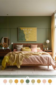 a bedroom with green walls and pink bedding in the foreground is a yellow painting on the wall