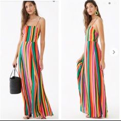 Forever 21 Multicolor: Pink, Green, Yellow, Blue, Black, Red & Blue Striped Maxi Dress Model: 5’9 & Wearing A Size Small Red Lining Round Neckline Adjustable Cami Straps Criss Cross Lace Up Back Hidden Side Zipper Flat Measurements (Approximate) Pit To Pit 16” Waist 13.5” (Zipped) Strap To Hem 56” (Current Setting) Shell 100% Rayon Lining 100% Polyester Trendy Multicolor Maxi Dress, Colorful Trendy Dresses For Vacation, Colorful Trendy Dress For Vacation, Trendy Colorful Dresses For Vacation, Trendy Forever 21 Summer Dresses, Multicolor Lined Maxi Dress For Spring, Fitted Multicolor Forever 21 Dress, Spring Multicolor Lined Maxi Dress, Multicolor Summer Dress For Date Night