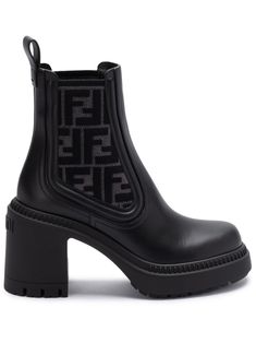 black calf leather monogram pattern embossed logo to the rear slip-on style elasticated ankles pull-tab at the heel block heel round toe Stefano Pilati, Fendi Boots, Fendi Women, Leather Biker Boots, Biker Boots, Rubber Heels, Designer Heels, Black Rubber, Leather Fabric