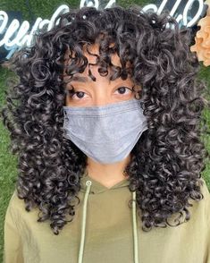 Long Tight Curls with Curly Bangs Curly Haircuts With Bangs And Layers, Long Curls With Bangs, Curly Hair Cuts Mixed Girl, Curly Hair Cuts With Layers And Bangs, Curly Sew In Weave, Curly Hair Fringe, Long Layered Curly Hair, Medium Curly Haircuts, Layered Hair With Bangs