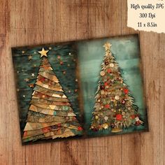 two christmas trees made out of scrapbook pages on a wooden surface with the words high quality