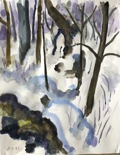 a watercolor painting of trees in the snow with blue and purple colors on them