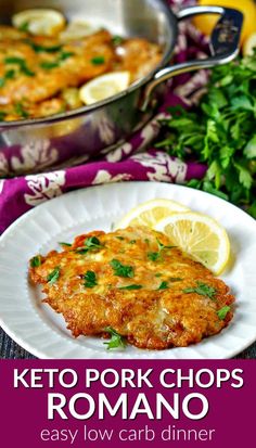 keto pork chops with lemon and parsley on a white plate next to a serving dish