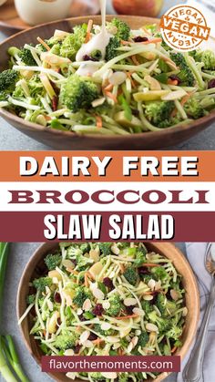 broccoli slaw salad in a bowl with dressing