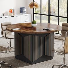 an office table with chairs around it and a potted plant in the center on top