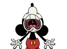 mickey mouse with his mouth open and eyes wide open, standing in front of a white background