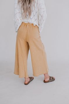 Cute pants that are fun, funky, and boho-comfy too?! “Yes” to a wide-leg silhouette with a draw-string waist in soft French Terry. Vintage fade make these a casual favorite while visible seams, cropped raw-edges, and outline pockets add to the relaxed vibe. Model is 5' 8" and wearing a size small. Measurements for size small. Length: 36" Waist: 28" Un-stretched 24" Inseam Length: 36 1/4" Waist: 30" Un-stretched 24 1/4" Inseam Length: 37 1/2" Waist: 32" Un-stretched 24 1/2" Inseam 80% Cotton, 20% Fit Board, Flattering Pants, Fall Fest, Mom Fashion, Cute Pants, Fit Board Workouts, Brunch Outfit, Wide Leg Pant, Girly Stuff