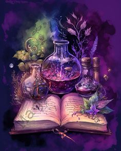 an open book sitting on top of a table next to bottles filled with liquid and plants