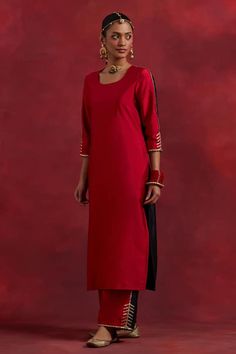 Black and red raw silk colour block kurta with placed gota work embellished detail. Comes with matching palazzo and dupatta. - Aza Fashions Kurta With Palazzo, Kurta Palazzo Set, Red Kurta, Gota Work, Palazzo Set, Fashion App, Colour Block, Raw Silk, Aza Fashion