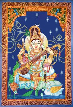 Saraswati Pattachitra, Siddhidatri Devi, Saraswati Tanjore Painting, Devi Painting, Mata Saraswati, Pattachitra Paintings, Saraswati Picture, Saraswati Painting, Puja Ghar