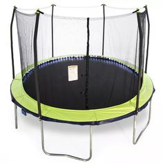 an empty trampoline on a white background with a tag hanging from it's side