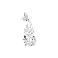 a black and white drawing of a butterfly sitting on top of a flowered plant