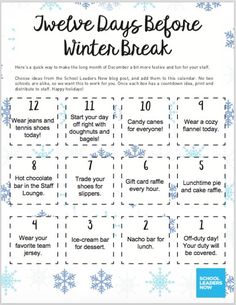 a printable winter break game with snowflakes on the side and words that read twelve days before winter break