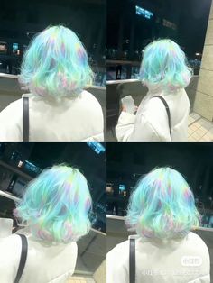 Blue Hair With Rainbow Highlights, Blue Hair Ideas Short, Pastel Rainbow Hair Color, Iridescent Hair, Hair Inspiration Short, Hair Reference, Hair Inspo Color