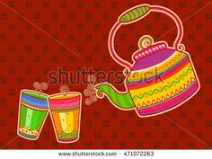 a teapot and two cups on a red background