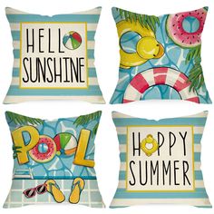 three pillows with different designs on them and the words hello sunshine, pool, happy summer